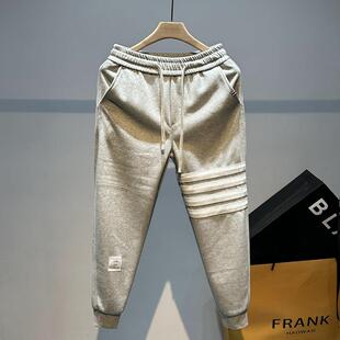 代购四条杠灰色运动裤2024新款宽松束脚裤子美式高街休闲卫裤