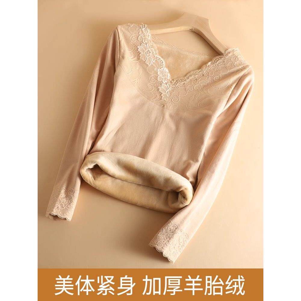 日本保暖内衣女加绒加厚美体紧身蕾丝长袖打底衫抗寒秋衣上衣冬季