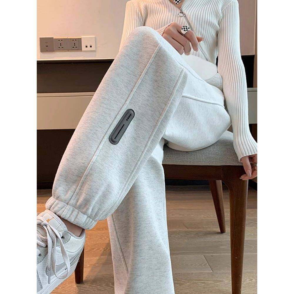 运动裤女秋冬加绒2025新款宽松大码胖mm束脚卫裤高个子加长休闲裤