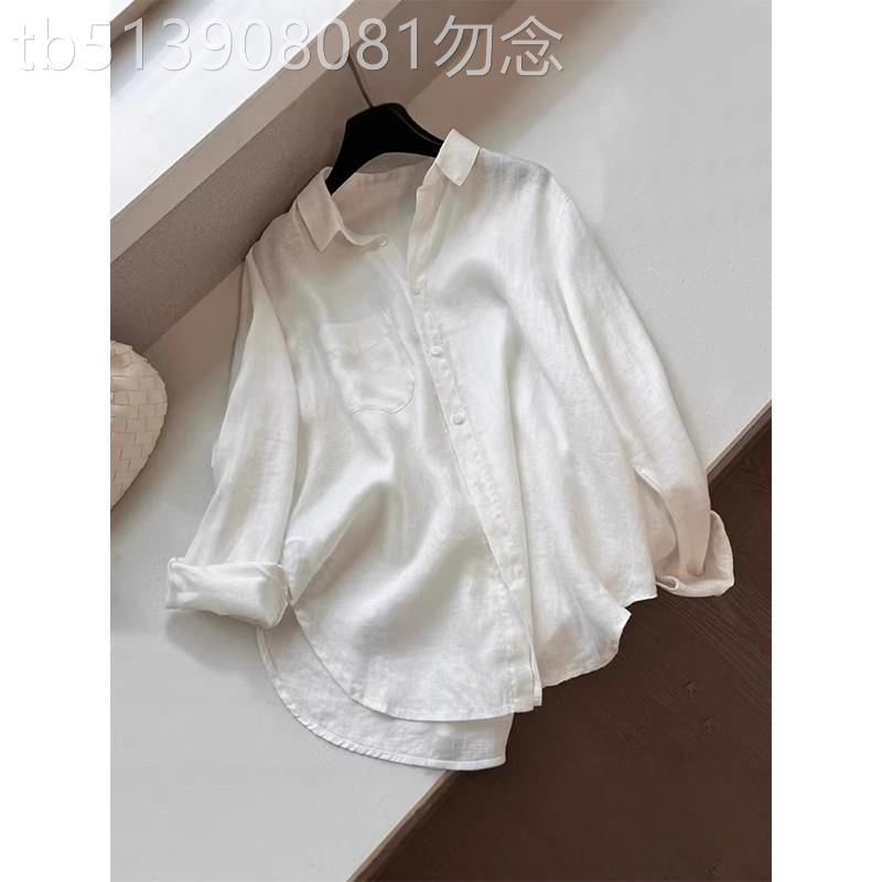 白色POLO领棉麻衬衫女夏季欧货时尚百搭气质长袖宽松通勤防晒上衣图片