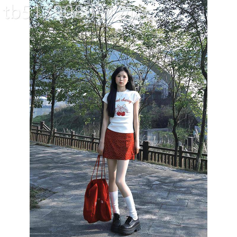 红色樱桃正肩短袖t恤女夏季新款修身显瘦收腰内搭短款体恤衫上衣