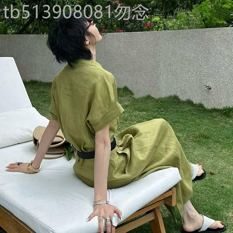 法式绿色短袖衬衫洋装女2026春季新款高级感气质轻奢收腰长裙子