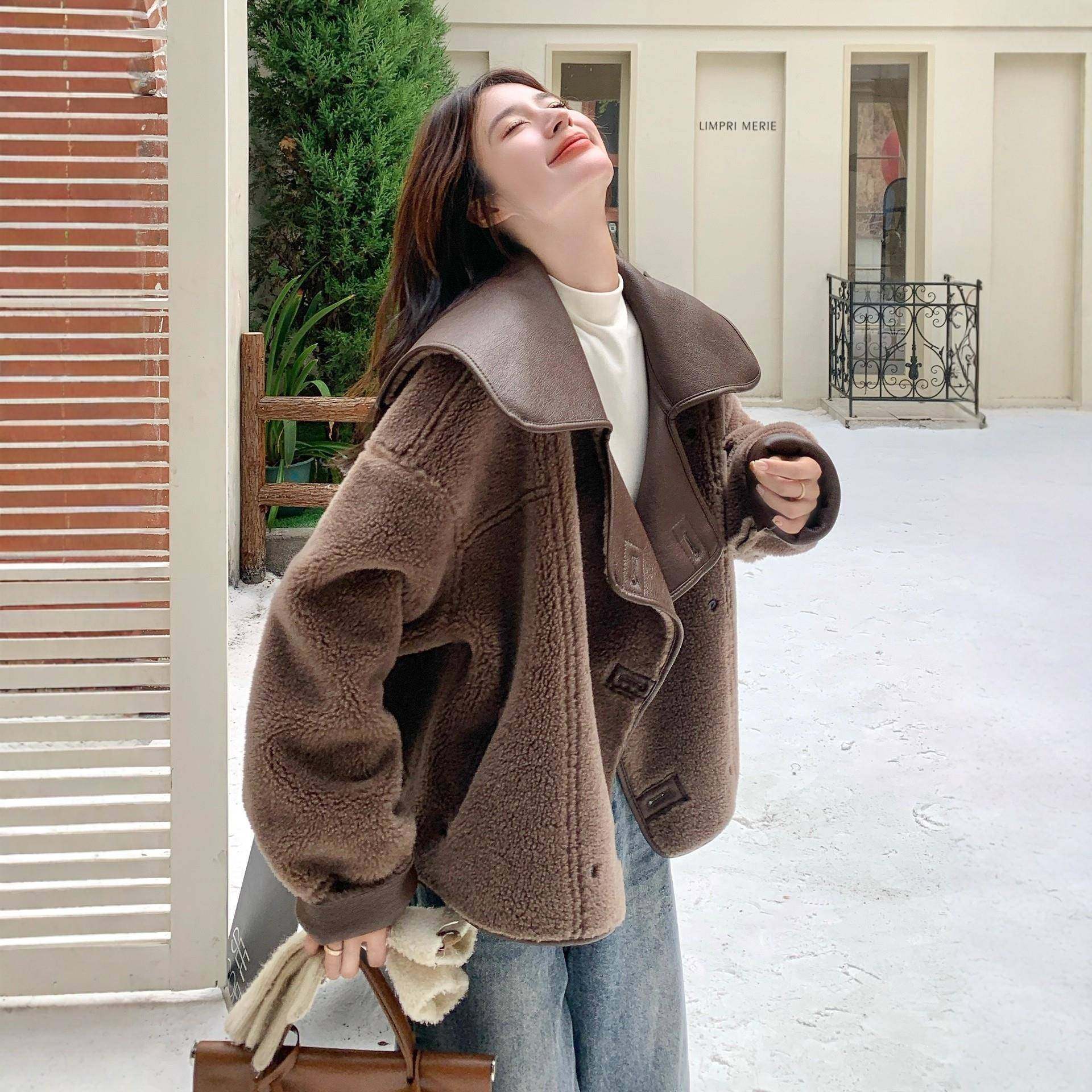 日系正反两面穿皮毛一体羊羔毛外套女秋冬季加绒加厚大翻领机车服,女装/女士精品,短外套,淘宝优惠券,粉丝福利购,淘宝优惠卷