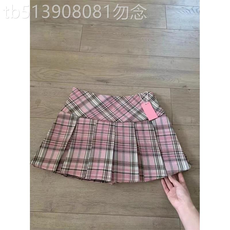 粉色学院风格子百褶裙女夏季欧货高腰显瘦jk短裙复古格纹半身裙子
