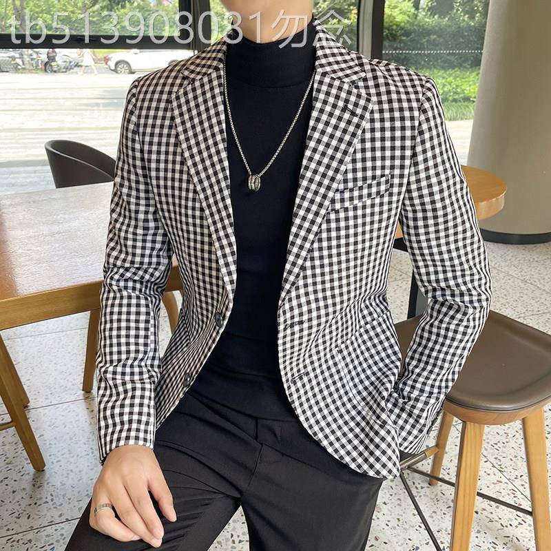 格子西服外套男士春秋季韩版修身高端帅气休闲千鸟格西装单件衣服
