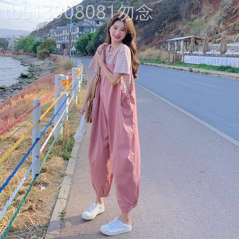 2025新款韩版粉色工装背带裤 女夏季高腰设计显瘦阔腿裤