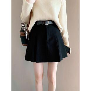 日系毛呢百褶半身裙女秋冬季新款小个子a字短裙包臀加厚高腰裙子