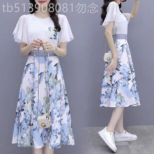 雪纺碎花洋装套装女夏季2025年新款韩版爆款胖mm遮肚显瘦小裙子