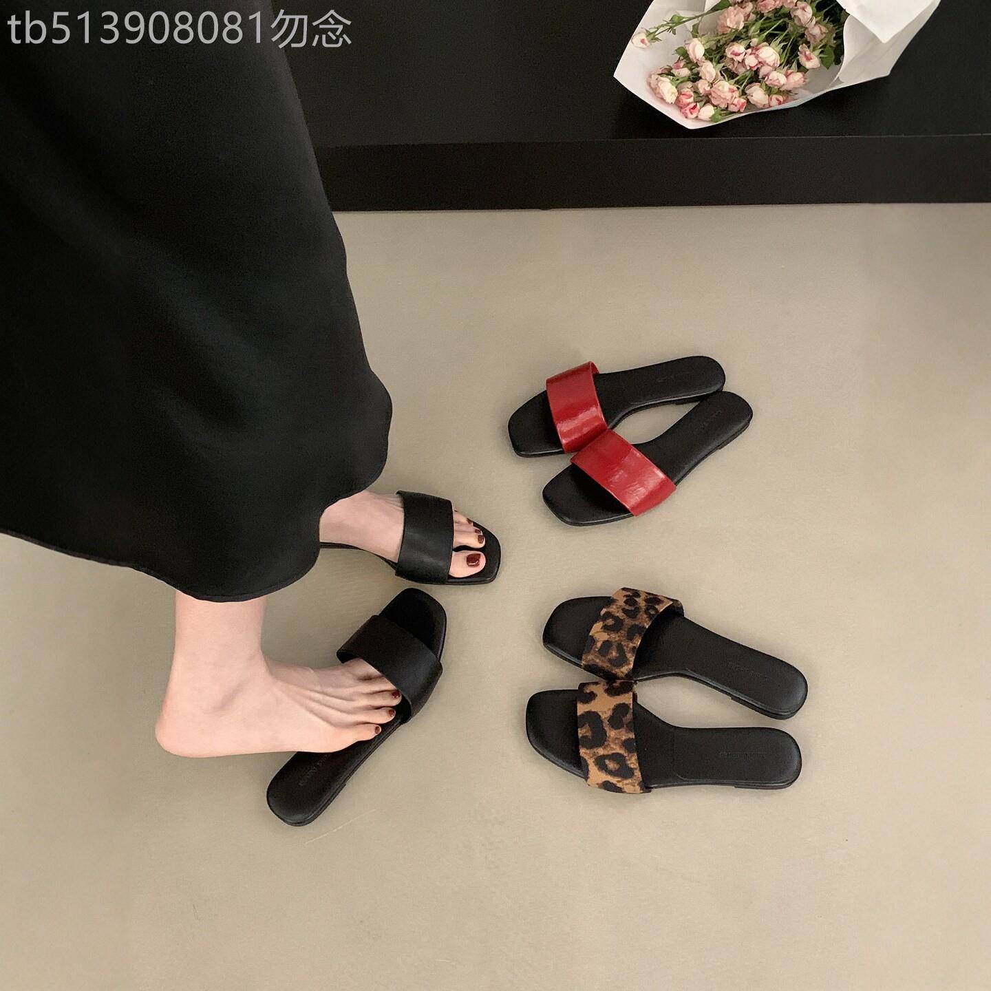 潮牌豹纹拖鞋女夏外穿一字凉拖懒人拖鞋平底软底百搭沙滩凉拖鞋鞋
