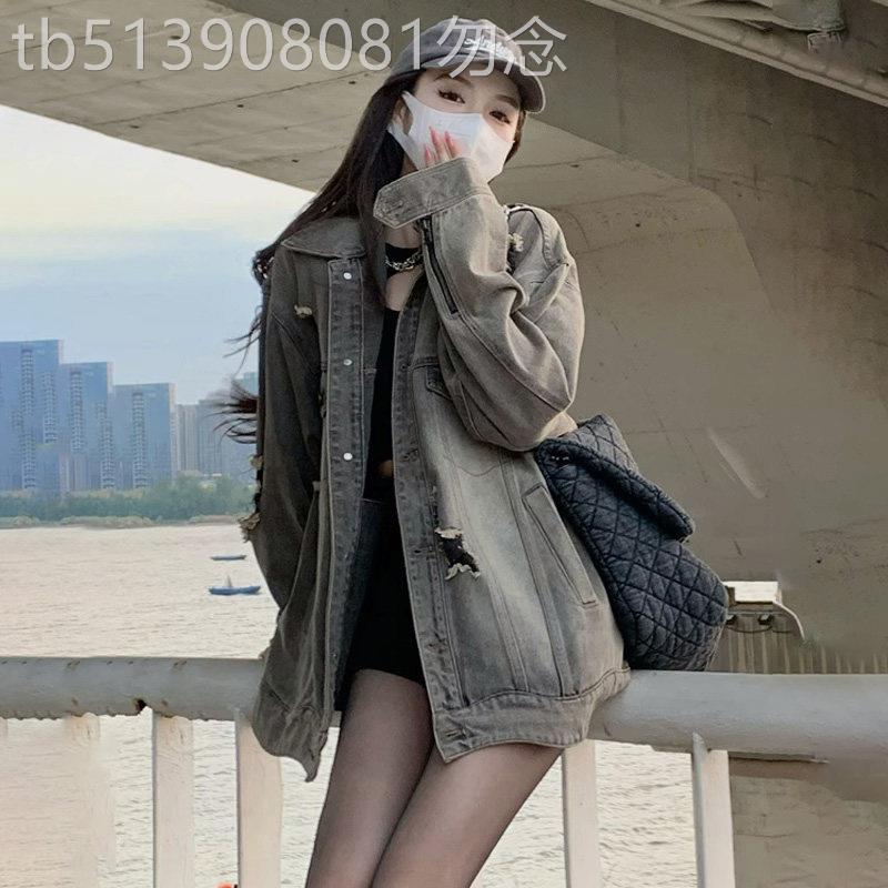 潮牌复古做旧破洞牛仔外套女春秋设计感小众中长款宽松百搭夹克衫