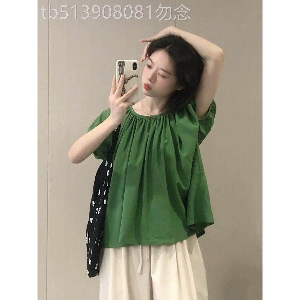 绿色雪纺短袖衬衫女夏季2026年新款高级感独特别致休闲泡泡袖上衣