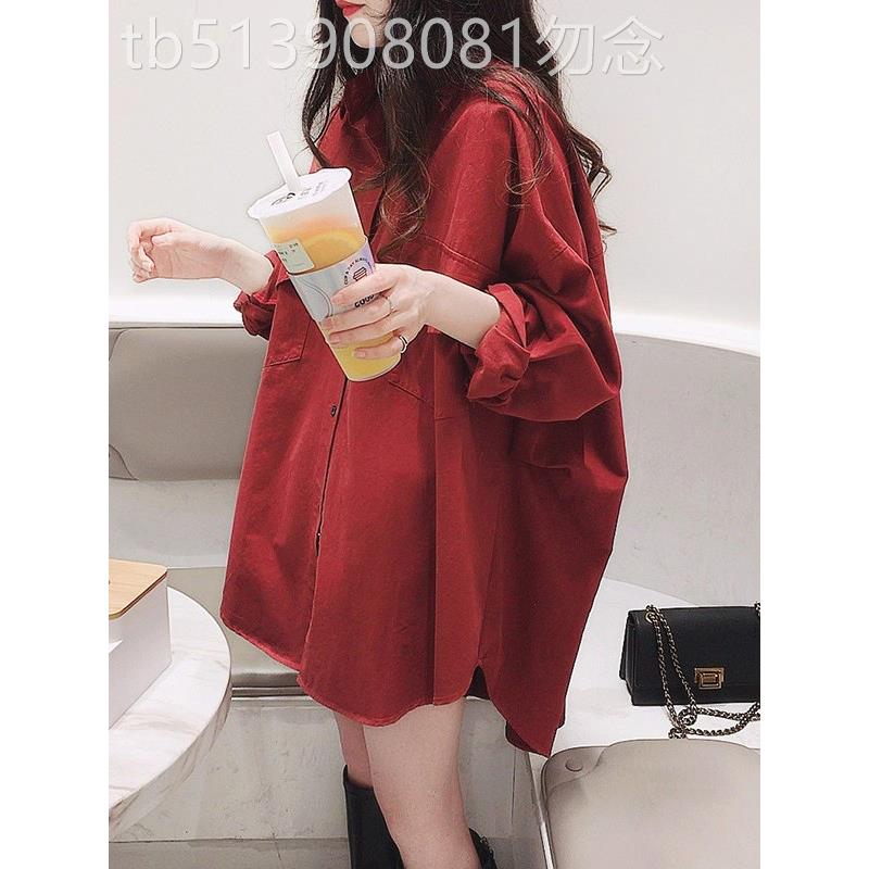 红色长袖衬衫女春秋欧货新款宽松显瘦休闲百搭中长款衬衣外套上衣