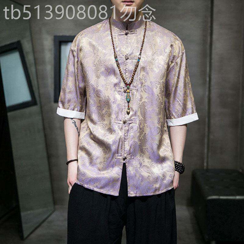 冰丝唐装中国风夏季薄款短袖衬衫男覆古宽松汉服大尺码五分袖衬衫