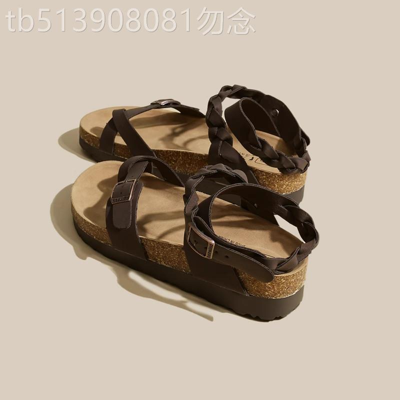 真皮凉鞋女夏简约复古夹脚趾休闲鞋女款平底松糕厚底增高罗马女鞋