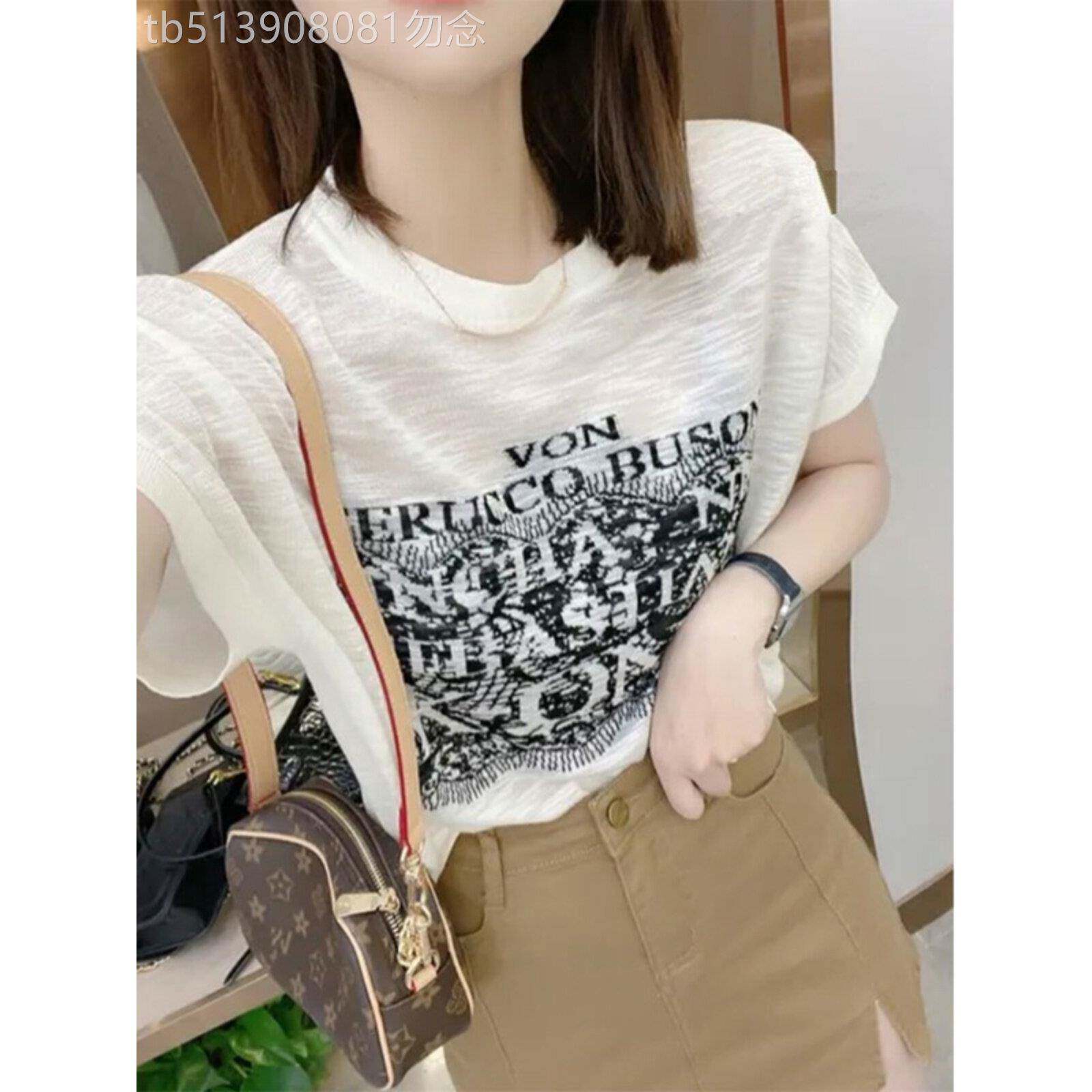 冰丝短袖T恤女夏薄款欧货时尚休闲字母印花圆领套头半袖针织上衣