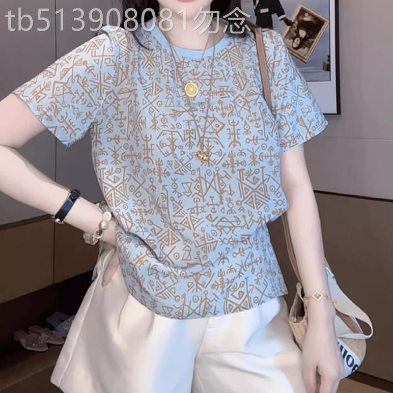 短袖T恤女夏季2026新款胖MM显瘦设计感大尺码洋派减龄印花圆领上