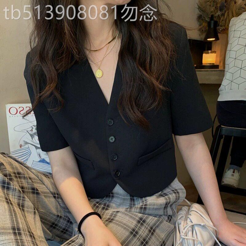 黑色高级感v领短袖西装外套女夏季薄款休闲短款小个子西服上衣ins