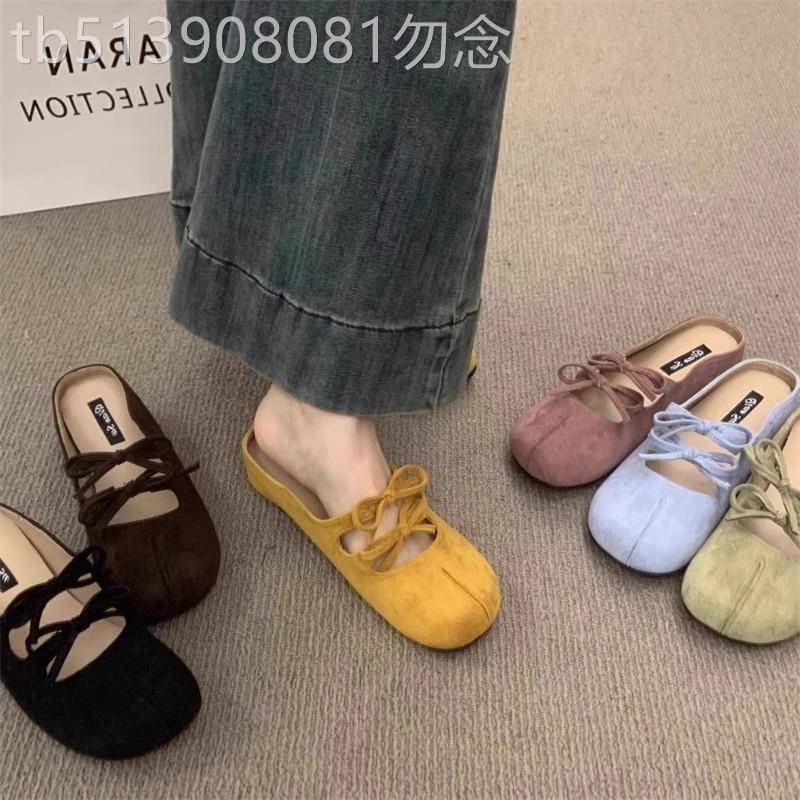 法式复古蝴蝶结包头半拖鞋女夏季外穿圆头内增高一脚蹬坡跟穆勒鞋