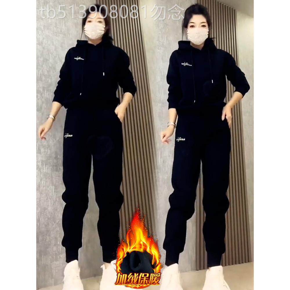 2025秋冬新款休闲运动服套装女时尚加绒加厚连帽卫衣束腿裤两件套