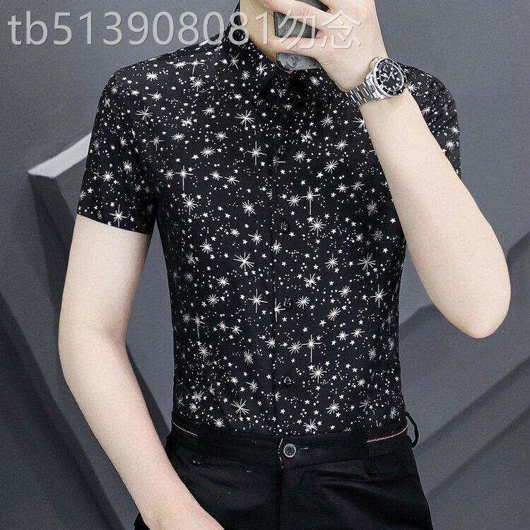 法式士立体剪裁夏季时尚百搭B潮流修身衬衫烫金印花休闲短袖衬衫
