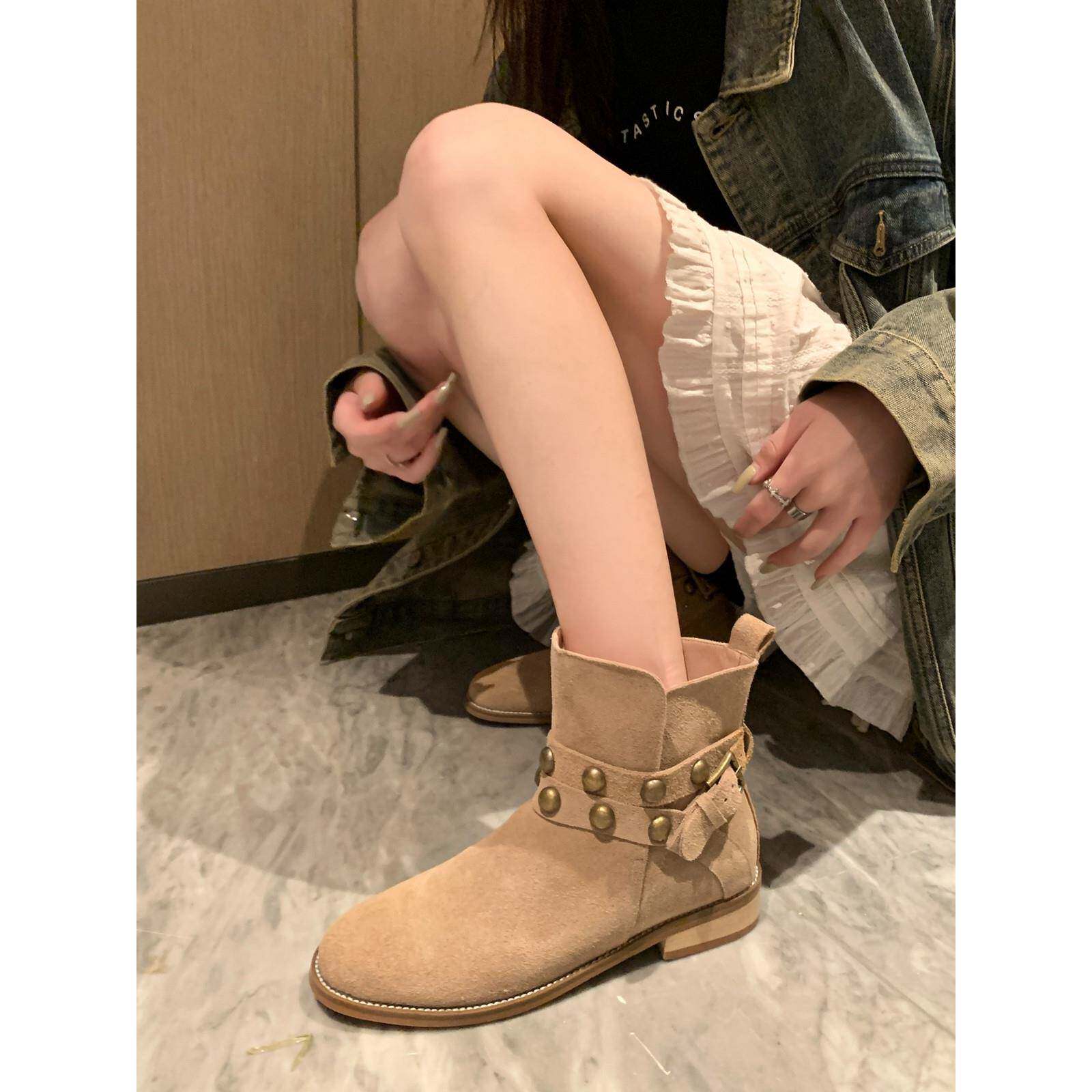 沙丘秘境~ 美式覆古磨砂铆钉皮带扣西部靴圆头粗跟套筒短靴女秋冬