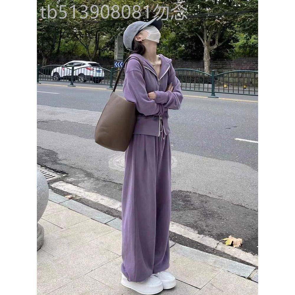紫色运动服套装女春秋2025新款短款卫衣外套阔腿裤休闲时尚两件套