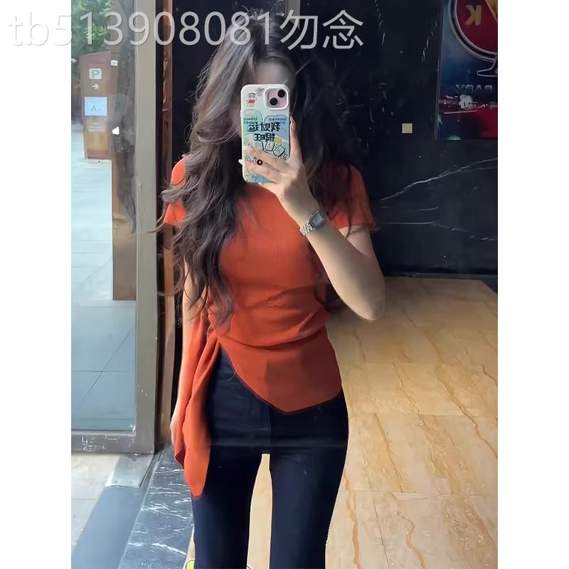桔色不对称不规则开叉短袖T恤女夏季欧货修身收腰百搭设计感上衣