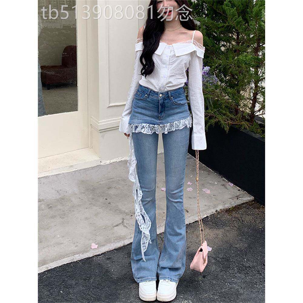 潮牌法式蕾丝花边微喇牛仔裤女2025春秋假两件高腰显瘦拖地裤子