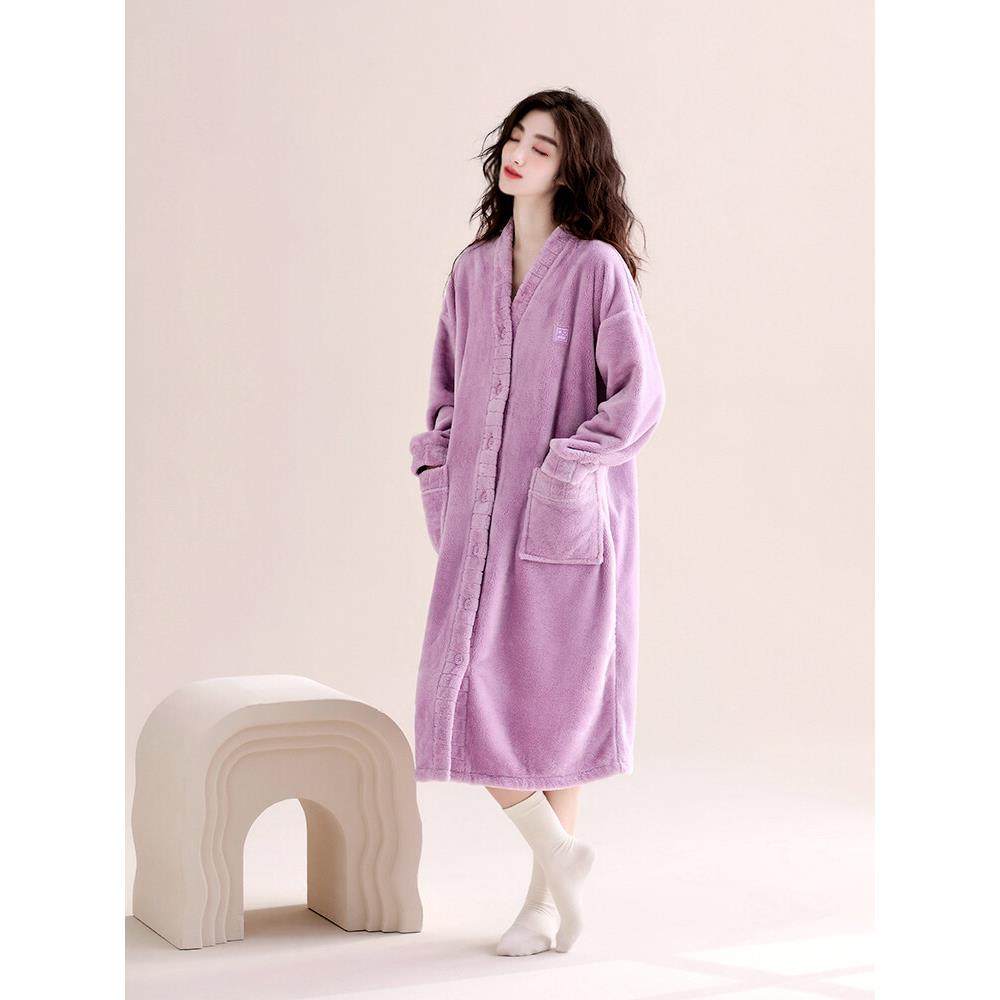 高级感睡袍女士秋冬款冬季珊瑚绒加绒加厚家居服长款浴袍晨袍睡裙