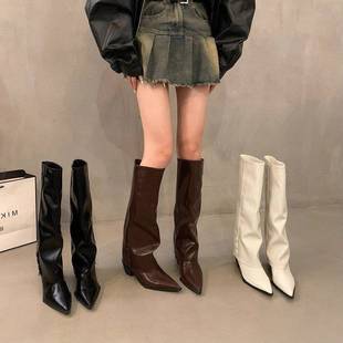 香港时尚小众美拉德长靴女秋冬2025新款尖头辣妹风长筒裤管骑士靴