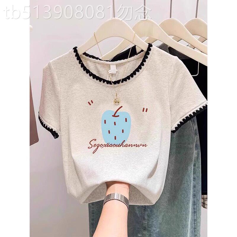 纯棉正肩短袖t恤女2026夏季新款撞色拼接圆领印花设计感别致上衣