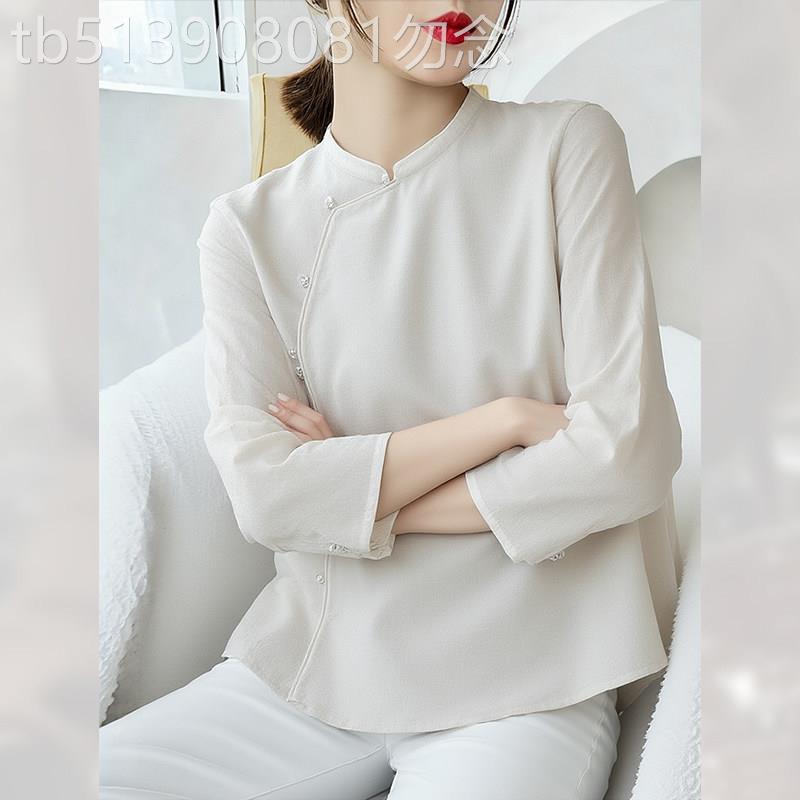 白色复古立领衬衫女夏季2026年新款七分袖衬衣国风斜襟扣小衫上衣
