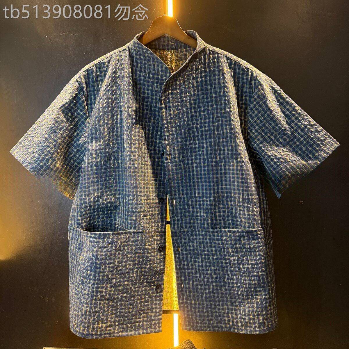潮牌设计感轻奢蓝色格子立领衬衫男士夏季小众时尚宽松休闲衬衣潮