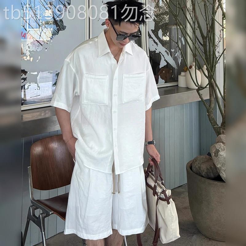 潮牌老钱风天丝亚麻套装男夏季薄款莱赛尔短袖衬衫短裤穿搭一整套