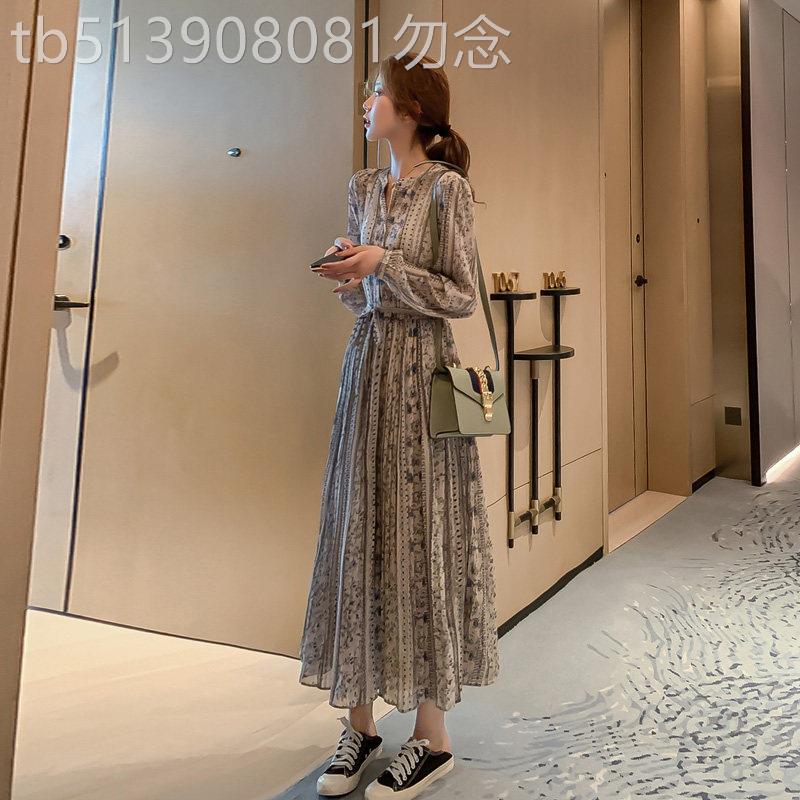 碎花洋装女春秋2026新款中长版收腰显瘦复古气质长袖雪纺长裙子