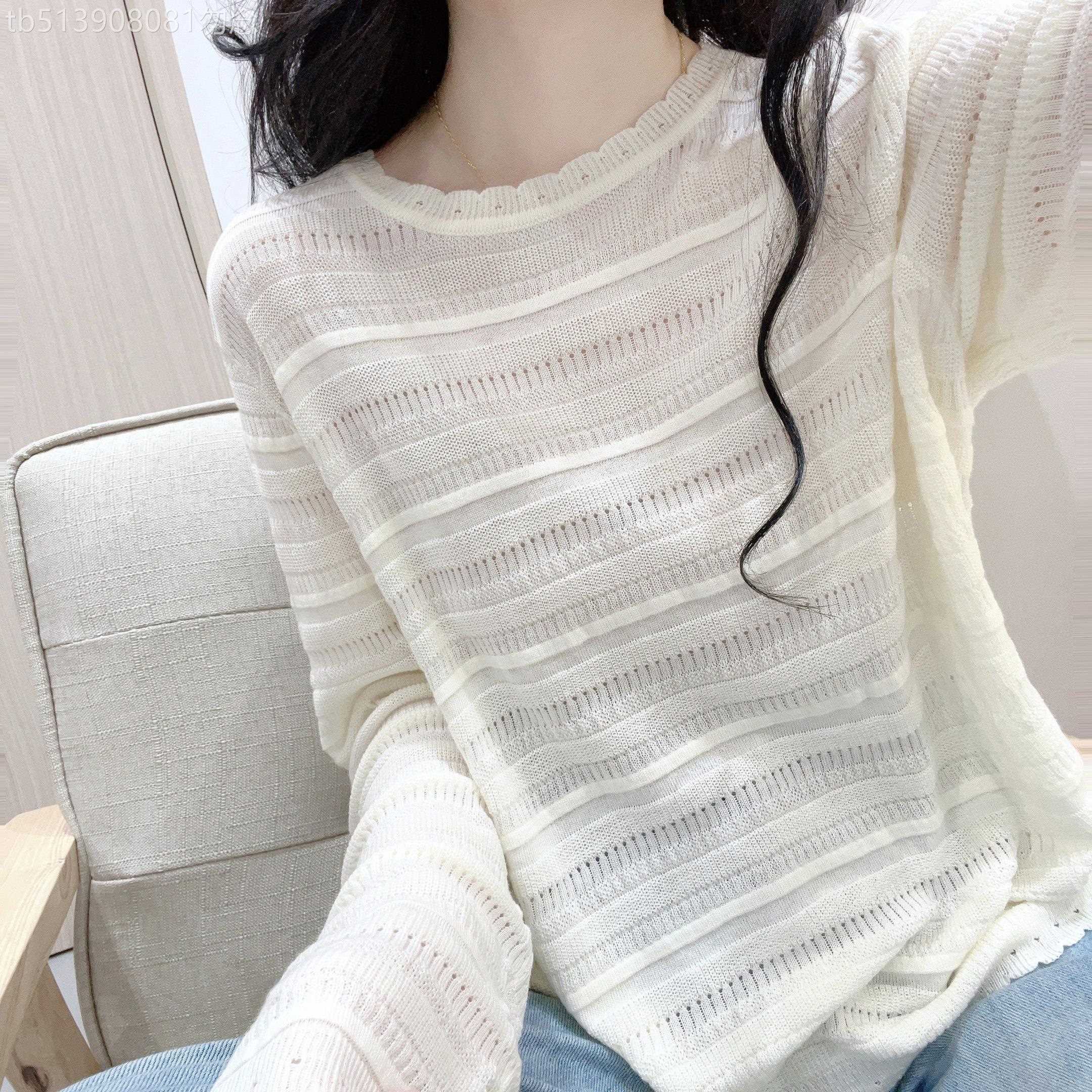 温柔米色钩花镂空针织衫女秋季软糯舒适宽松百搭圆领长袖套头上衣