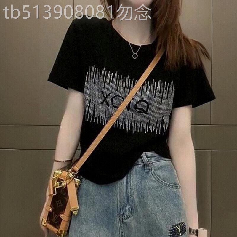 黑色烫钻短袖t恤女夏装2026新款韩版复古港风时尚减龄正肩上衣服
