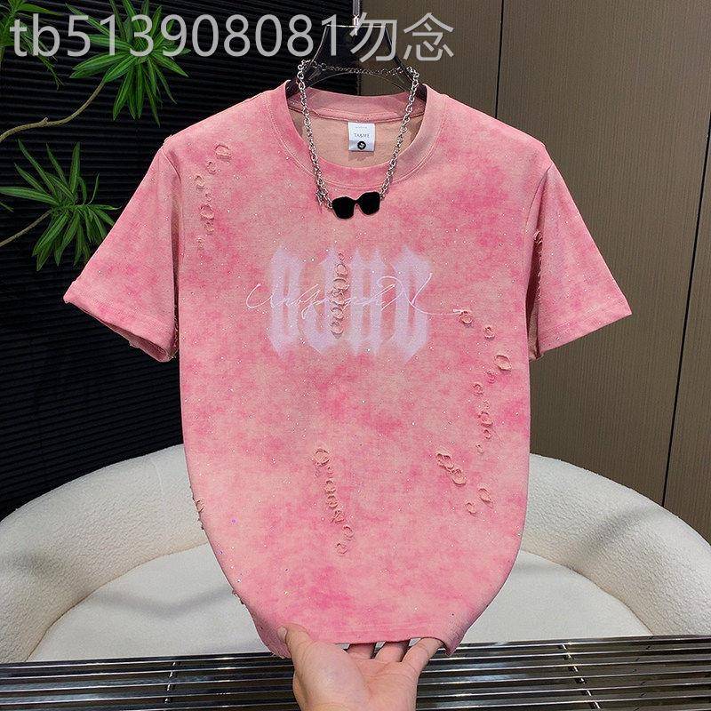 潮牌新款时尚亮片印花半袖上衣男士夏季痞帅破洞圆领百搭短袖T恤