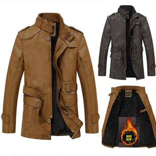 大码真皮绵羊皮皮衣男秋冬中长款立领机车服风衣加绒加厚大衣外套