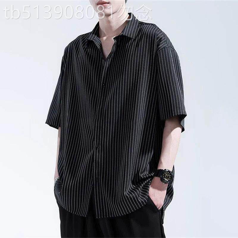 潮牌冰丝短袖衬衫男士2026夏季新款条纹薄款速干黑色高级休闲上衣