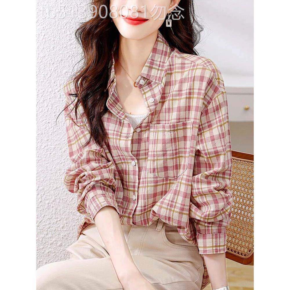 潮牌薄款纯棉格子衬衫女2025春秋季新款韩版衬衣时尚休闲长袖上衣