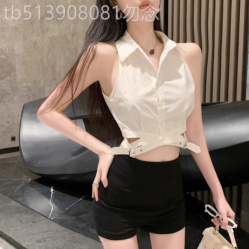 短款修身无袖衬衫背心女装夏季设计感小众纯欲白色衬衣Polo领上衣