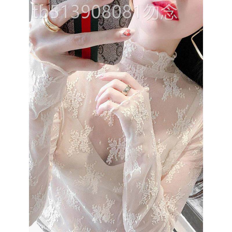 杏色半高领长袖蕾丝打底衫女春秋欧货洋气木耳边镂空网纱内搭上衣