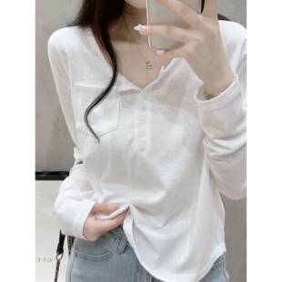 白色小众设计感t恤长袖2025春季新款女小个子宽松显瘦不规则上衣