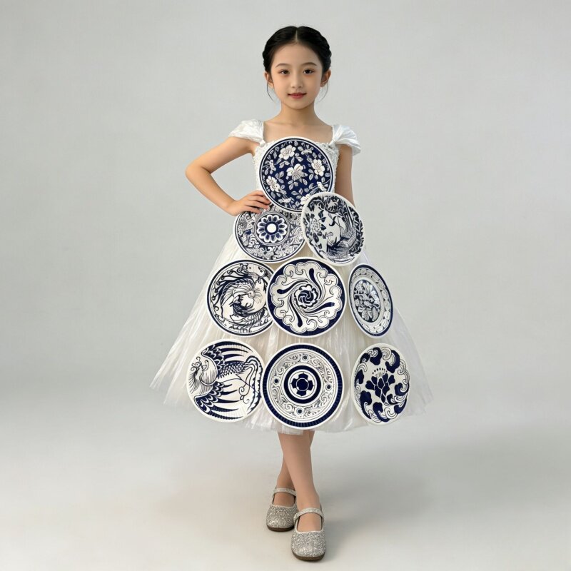 环保服装儿童时装秀青花瓷主题女孩手工diy创意亲子走秀环保衣服