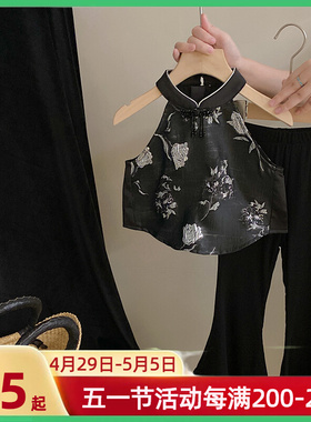 中国风童装女童吊带背心外穿夏季洋气儿童新中式碎花黑色挂脖上衣