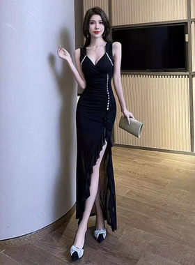 2025显瘦性感长裙开叉鱼尾连衣裙夜店KTV新款性感夜总会晚装低胸