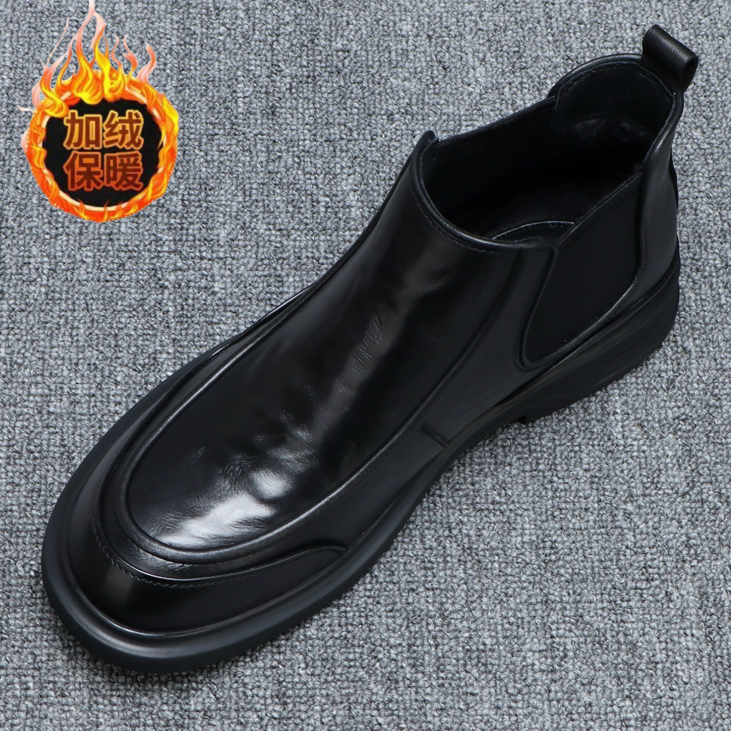 头层牛皮一脚蹬切尔西男靴冬季真皮商务短靴加绒保暖男士高帮皮鞋