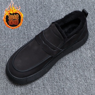 休闲皮鞋男款冬季加绒加厚工装板鞋男士牛皮一脚蹬保暖厚底乐福鞋