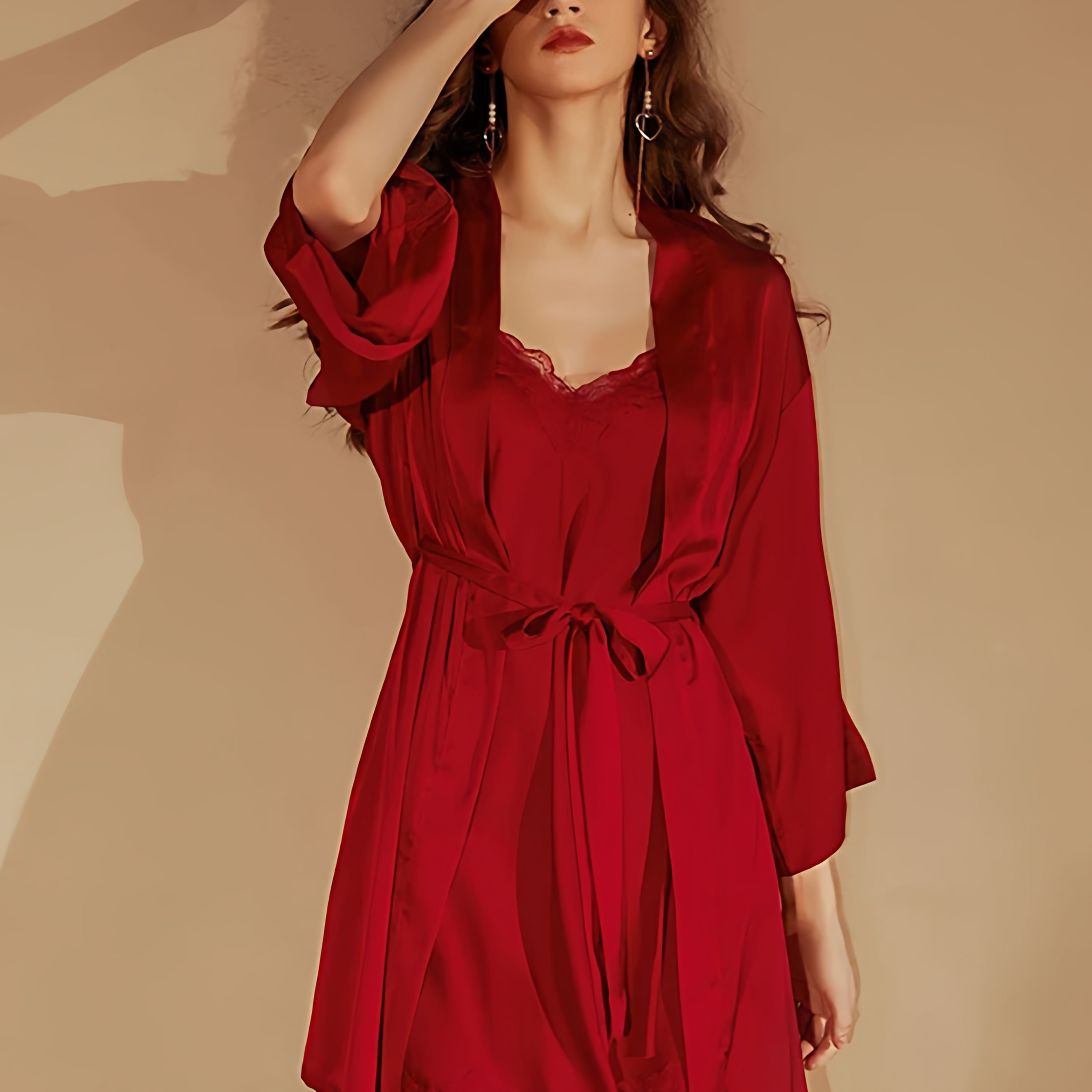 维多利亚红色冰丝睡衣女性感睡裙两件套本命年家居服高级感带胸垫